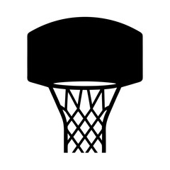 A minimalist black and white illustration of a basketball hoop icon
