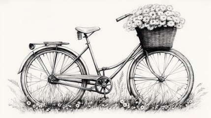 Black and white sketch of a classic bicycle with a basket full of flowers standing in tall grass and daisies