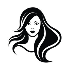 Elegant black and white illustration of a beautiful woman with flowing long hair perfect for beauty concepts