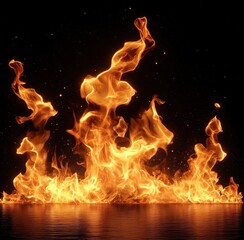 Bright intense flames rising and dancing over reflective water against a dark background conveying dynamic movement and energy