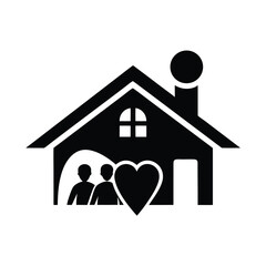 Black and white illustration of a house with people and a heart representing family love and home.