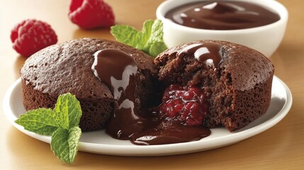 Gourmet chocolate lava cake with molten center, served with raspberry coulis and mint leaf