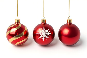 Set of Red Christmas Ornaments with Gold and White Designs Hanging on White Background &ndash; Holiday Decoration Concept christmas balls on white background