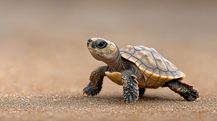 Obraz premium Baby turtle crawling on sandy beach, showcasing its unique shell and texture