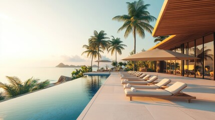 Infinity pool overlooking tropical sea, surrounded by palm trees and lush summer landscape