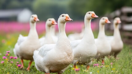 Obraz premium A group of white geese standing on a grassy field with pink flowers, looking alert and surrounded by a natural, blurred background.