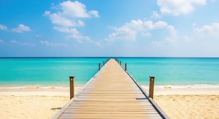 Obraz premium A serene view of a wooden dock leading out into clear turquoise waters, with sandy beaches and a bright blue sky dotted with clouds, creating a peaceful, tropical escape