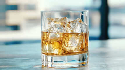 Closeup of crystal glass filled with whiskey and ice cubes, showcasing elegance and refreshment