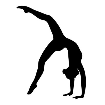Silhouette of a flexible female gymnast performing a backbend with one leg extended