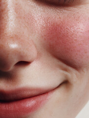 Natural Freckled Skin Closeup Portrait Rosy Cheeks Healthy Face Beauty Glowing Expression Vibrant Youthful Eyes Smile Delicate Features Cosmetics Trendy Makeup Happiness Feminine Radiance Photography