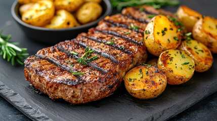 Juicy steak with grilled potatoes and herbs, perfect for delicious meal