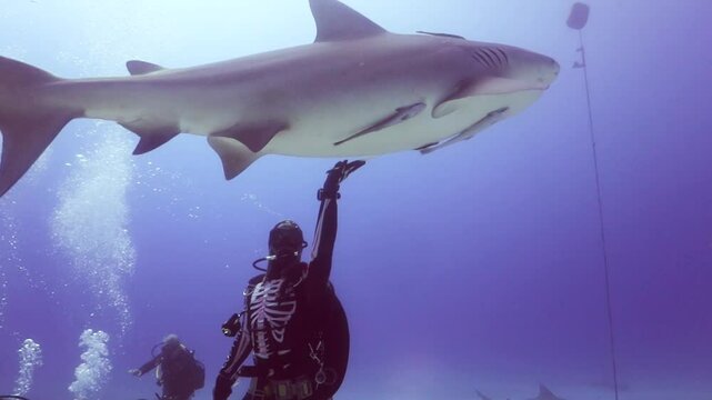 un buzo profesional realiza un show alimentando tiburones toro (carcharinus leuca) con pedazos de carnada