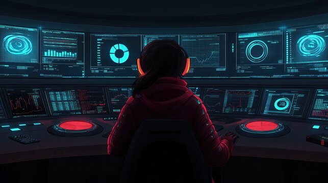 Futuristic control room interface with operator analyzing complex data on digital screens for advanced research projects and cybersecurity defense