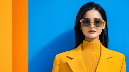 Stylish Woman In Yellow Coat With Sunglasses Against Orange And Blue Background