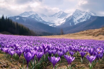 Obraz premium Vast field of blooming purple crocus flowers under cloudy sky with snow-capped mountains and forest in the background