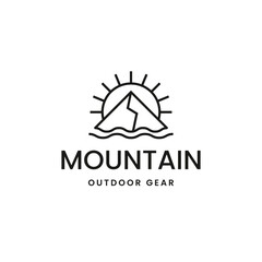 Obraz premium Minimalist Mountain with Sun Rays and Lake Logo Design – Nature Landscape View for Outdoor Adventure Template