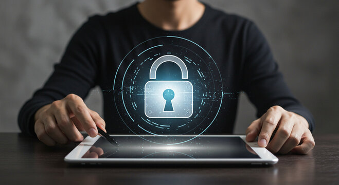 Tablet Encryption Hands Holding Tablet with Cybersecurity Threat Warning Overlay