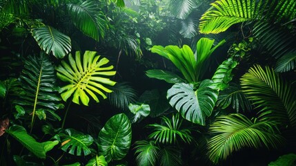 Fototapeta premium Lush tropical foliage, vibrant green leaves in dense jungle backdrop