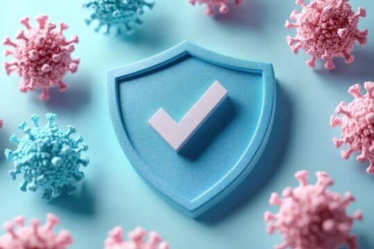 Blue shield with white checkmark symbol surrounded by blue and pink virus-like particles on a light blue background representing protection and immunity