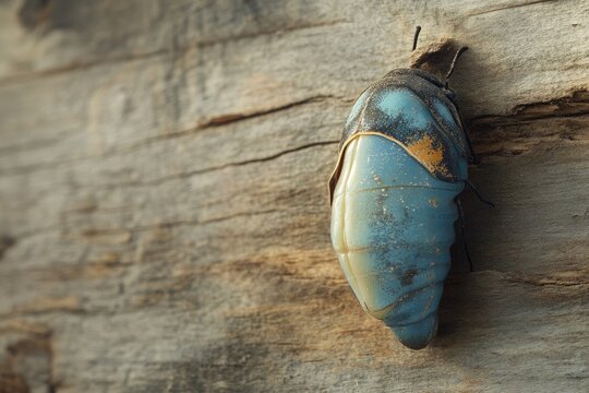 A chrysalis, pupa stage of insect metamorphosis, clings to weathered wood.