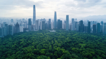 Obraz premium Aerial view of modern city skyline surrounded by lush greenery, showcasing urban development