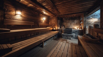 Rustic wooden sauna interior