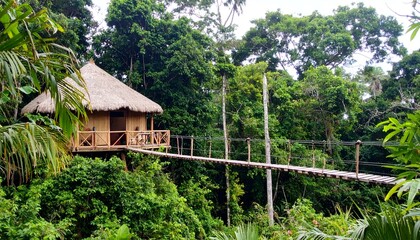 Tropical bungalow with suspension bridge in lush rainforest.  Escape to paradise.