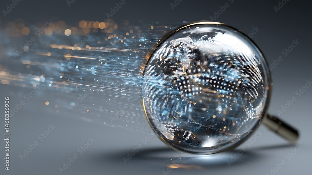 Fototapete a futuristic globe magnified by a glowing magnifying glass, surrounded by abstract data streams and 