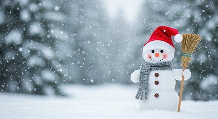 Fototapeta premium A cheerful snowman wearing a red hat and scarf stands in a snowy winter landscape, holding a broom, with snow gently falling around evergreen trees in the background