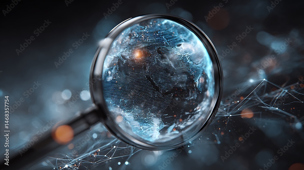 Fototapete a futuristic globe magnified by a glowing magnifying glass, surrounded by abstract data streams and 