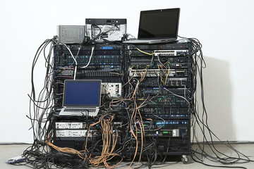 Complex network infrastructure with intertwined cables and multiple laptops placed on the racks