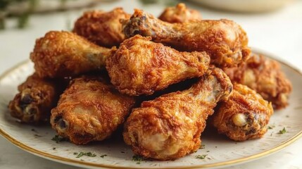 plate of crispy golden fried chicken drumsticks on white plate with garnish