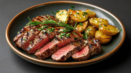 Fototapeta premium Juicy medium rare steak served with roasted potatoes and herbs, perfect for hearty meal