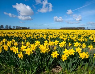 Fototapeta premium Vibrant yellow daffodil field under a bright blue sky with fluffy white clouds. A picturesque springtime scene.