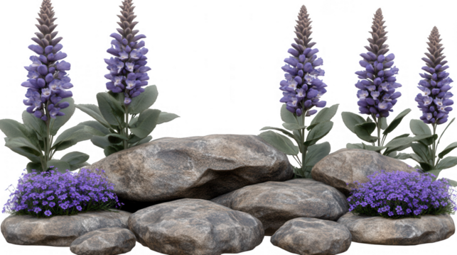 Enchanting display of violet flowers nestled among weathered stones, perfect for botanical displays
