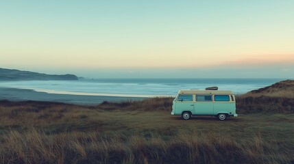 Fototapeta premium Coastal Camper Van: Serene Beachscape at Sunset