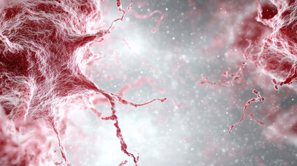 Microscopic view of virus particle showcasing intricate details and textures in red hues