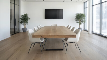 Modern corporate boardroom featuring large wooden table, white chairs, and wall mounted screen