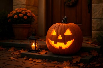 Obraz premium 玄関に灯るジャックオランタン