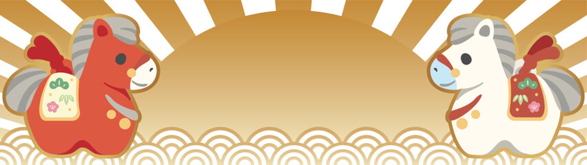 バナー　年賀2026　年賀状2026　土鈴　干支　馬　午　午年　正月　フレーム　背景　イラスト素材