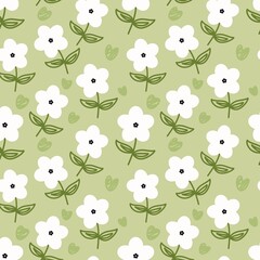 Seamless floral pattern with white flowers, green hearts, and leaves on a soft green background. Fresh, cute, and perfect for spring, fabric, wallpaper, or wrapping paper.
