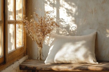 A cozy, warm interior photo with a close-up shot of cloth cushions and dried bouquets on a wooden bench. Generative AI
