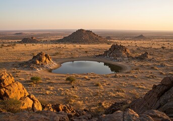 Serene Desert Landscape at Sunset with Reflective Water Body Surrounded by Unique Rock Formations and Expansive Open Space