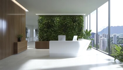 Fototapeta premium Modern Office Reception Lobby with Living Green Wall, City View, Biophilic Design Interior