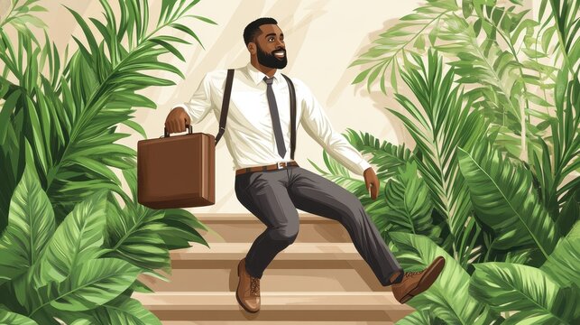 Animated businessman with briefcase descending stairs surrounded by plants depicting success and career growth with a touch of nature illustration