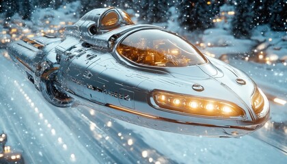 Retro Futuristic Spaceship Flying Over Snowy Cityscape at Night