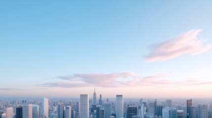 Stunning city skyline at dusk, showcasing tall buildings and clear blue sky with soft clouds