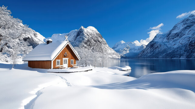 Serene winter landscape featuring cozy wooden cabin surrounded by snow covered mountains