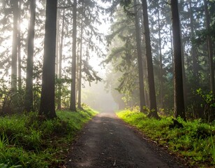 Obraz premium Misty forest path at sunrise. A magical, serene scene perfect for travel, nature, and fantasy themes.