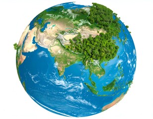 Stunning 3D render of Earth, showcasing lush green vegetation against a backdrop of blue oceans and clouds. Perfect for environmental and global themes.